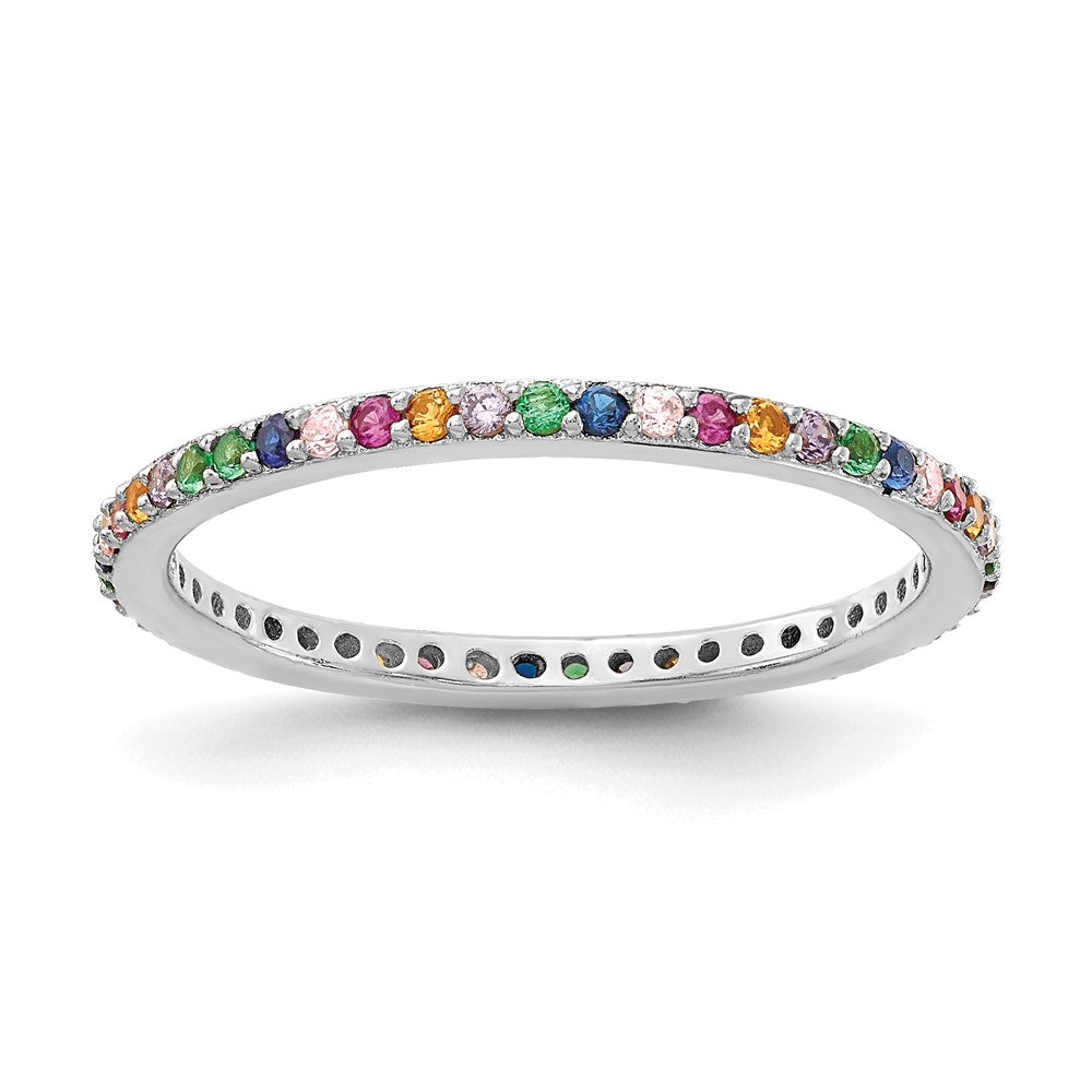 Exclusive Prizma Colorful CZ Thin Band Ring - Stylish Rhodium-Plated Silver