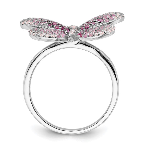 Polished Pink CZ Butterfly Ring - Rhodium-Plated Sterling Silver