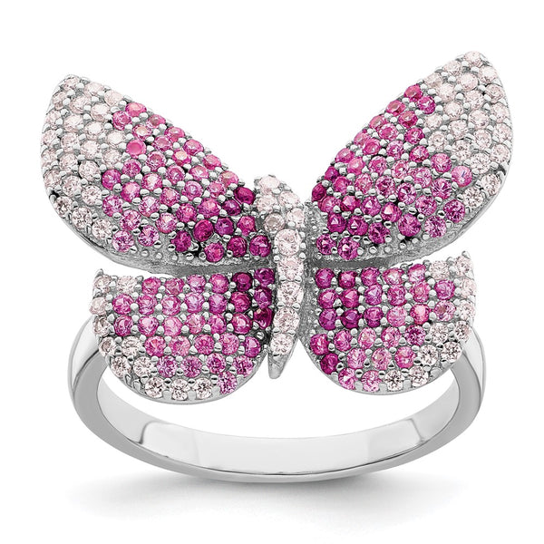 Polished Pink CZ Butterfly Ring - Rhodium-Plated Sterling Silver