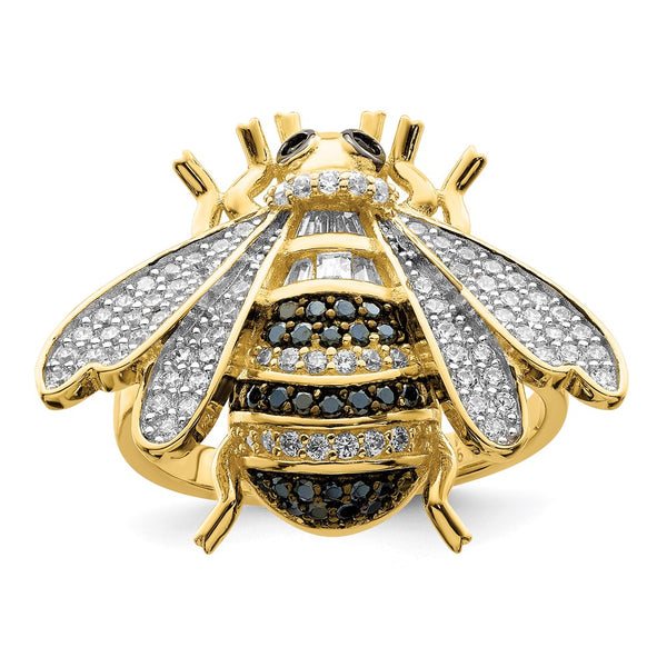 Sterling Silver CZ Bumblebee Ring - Black White Rhodium-Plated