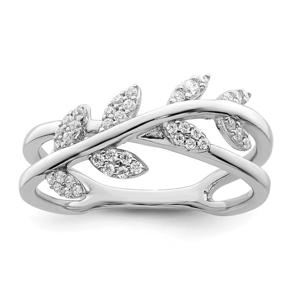 Rhodium-Plated Sterling Silver CZ Leaf Ring