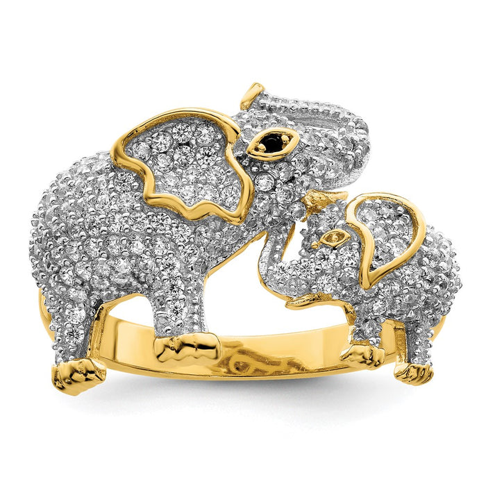 High-Quality Rhodium-Plated Sterling Silver CZ Elephant Ring - Stylish Mom & Baby Design-1