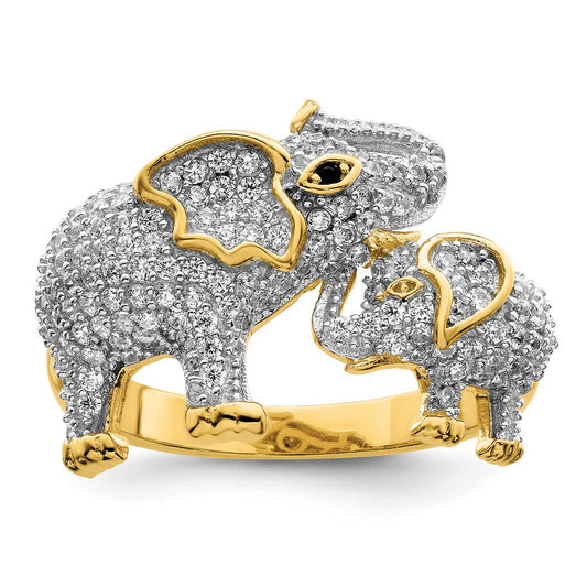 Exclusive Rhodium-Plated Sterling Silver Elephant Ring for Mom & Baby - Stylish CZ Design