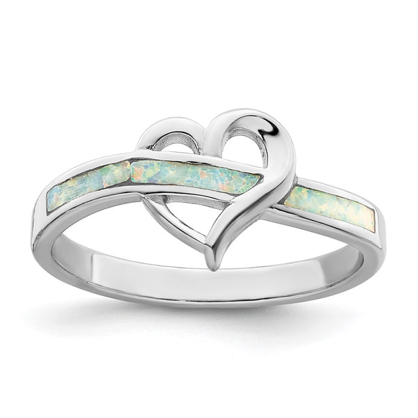 Rhodium-Plated Sterling Silver Heart Ring with Opal Inlay