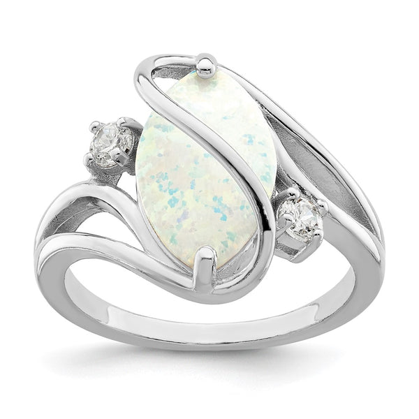 Rhodium-Plated Sterling Silver Twist Ring with Opal & CZ Accents
