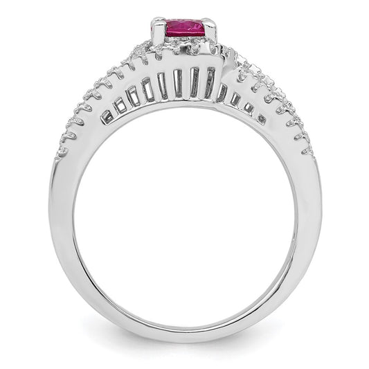 Buy Stylish Rhodium-Plated Sterling Silver Ring with Created Red Corundum, CZ Accents