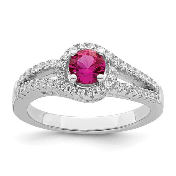 Rhodium-Plated Sterling Silver Ring with Created Red Corundum