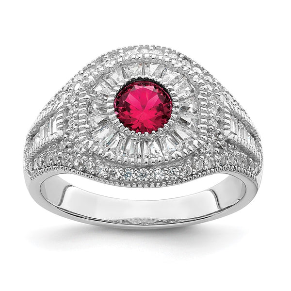 Rhodium-Plated Sterling Silver Ring with Red & White CZ Stones