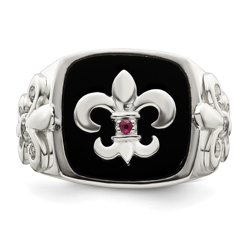 Shop Exclusive Sterling Silver Fleur de Lis Ring with .03 Carat Ruby & Black Agate