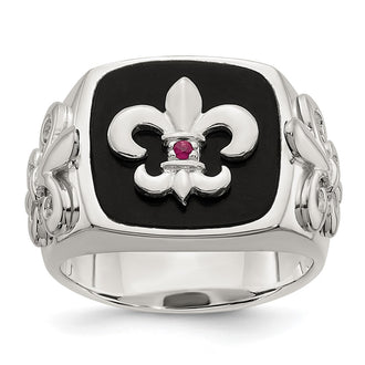 Exclusive Sterling Silver Fleur de Lis Ring with .03 Carat Ruby & Black Agate