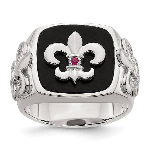 Sterling Silver Fleur de Lis Ring with .03 Carat Ruby and Agate