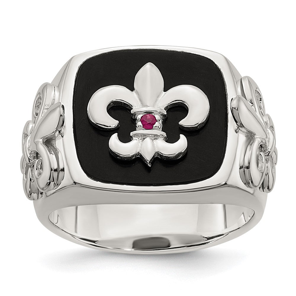 Shop Exclusive Sterling Silver Fleur de Lis Ring with .03 Carat Ruby & Black Agate