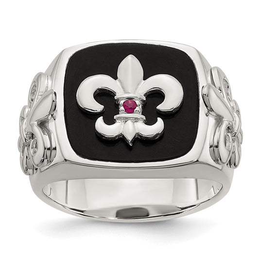 Shop Exclusive Sterling Silver Fleur de Lis Ring with .03 Carat Ruby & Black Agate