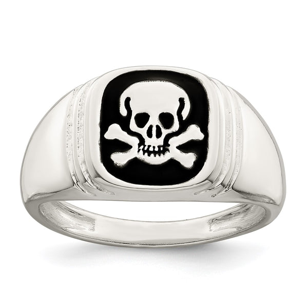 Men's Sterling Silver Skull & Crossbones Ring, Black Enamel