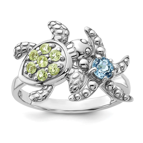 Rhodium-Plated Sterling Silver Turtle Ring, Peridot Topaz