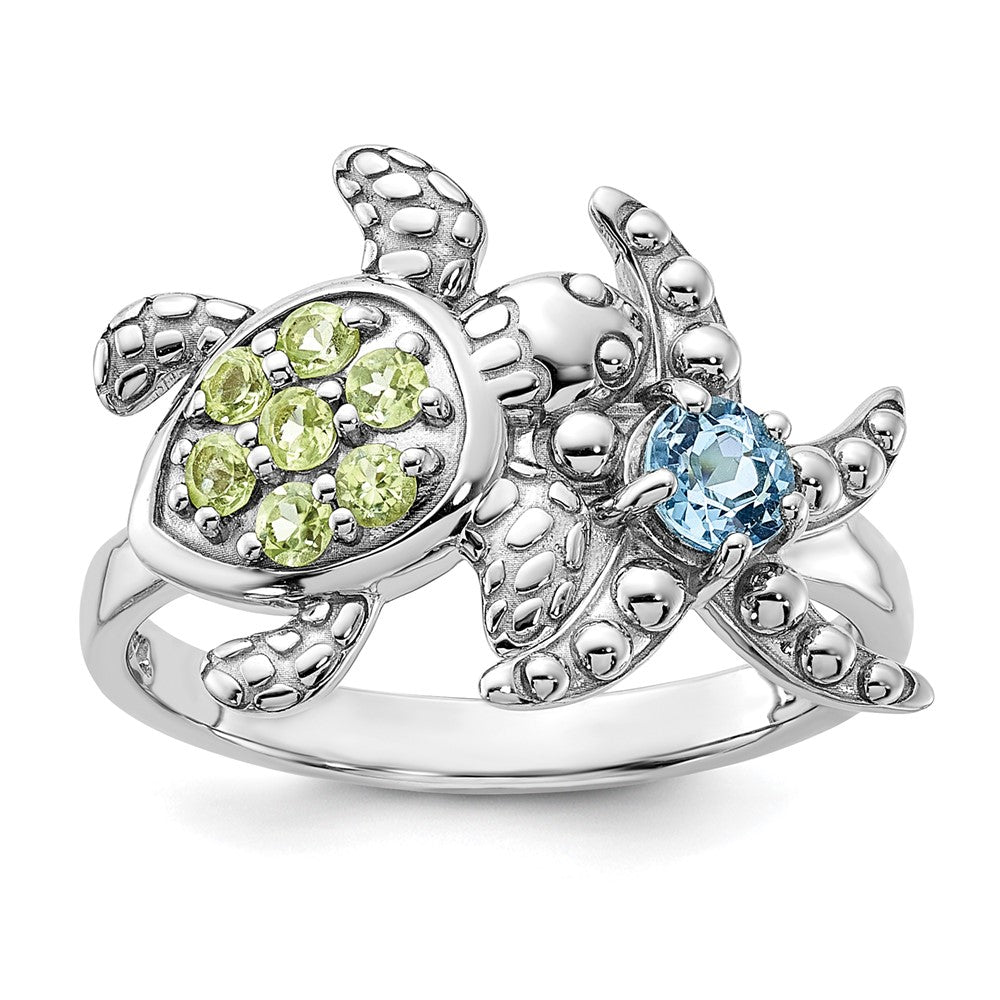 Exclusive Rhodium-Plated Sterling Silver Turtle & Starfish Ring with Peridot, Stylish