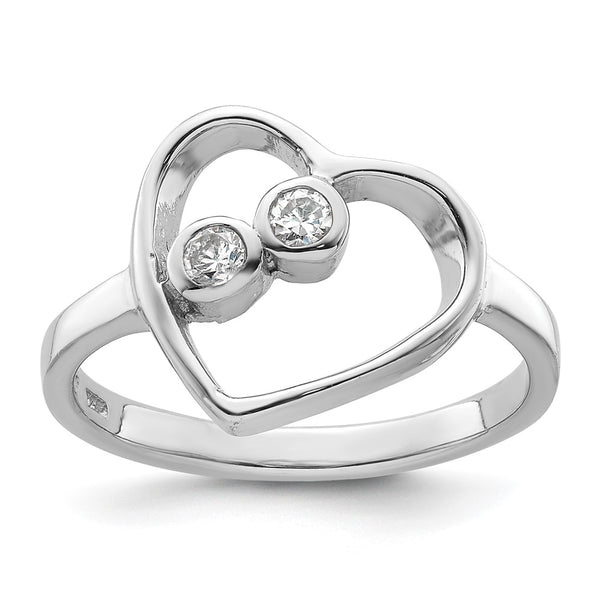 Rhodium-Plated Sterling Silver Open Heart Ring with CZ Accents