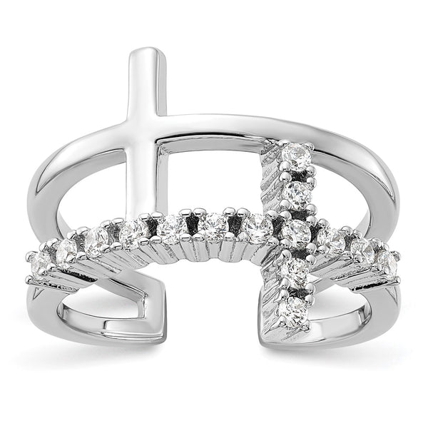 Rhodium-Plated Sterling Silver Double Cross CZ Ring