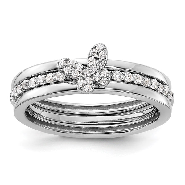 Sterling Silver Rhodium-Plated CZ Butterfly Ring Set - 3-Piece