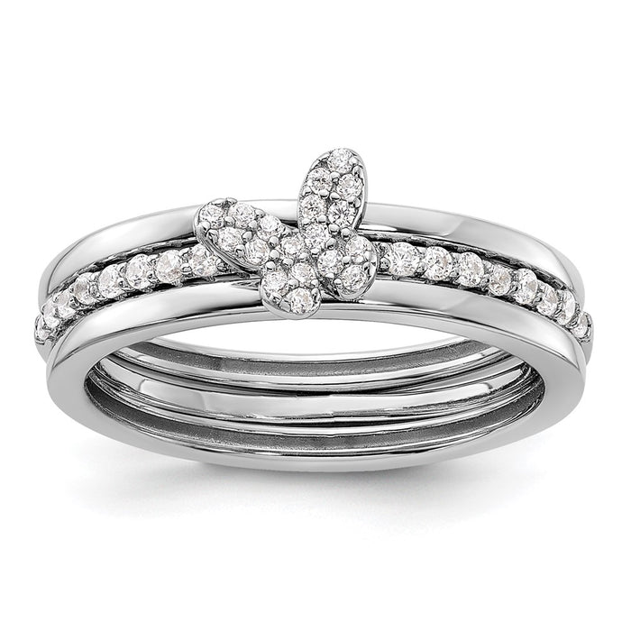 High-Quality Sterling Silver Rhodium-Plated CZ Butterfly Ring Set - Affordable 3-Piece-1