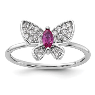 Exclusive Rhodium-Plated Sterling Silver Butterfly Ring | Stylish Red & White CZ Accents