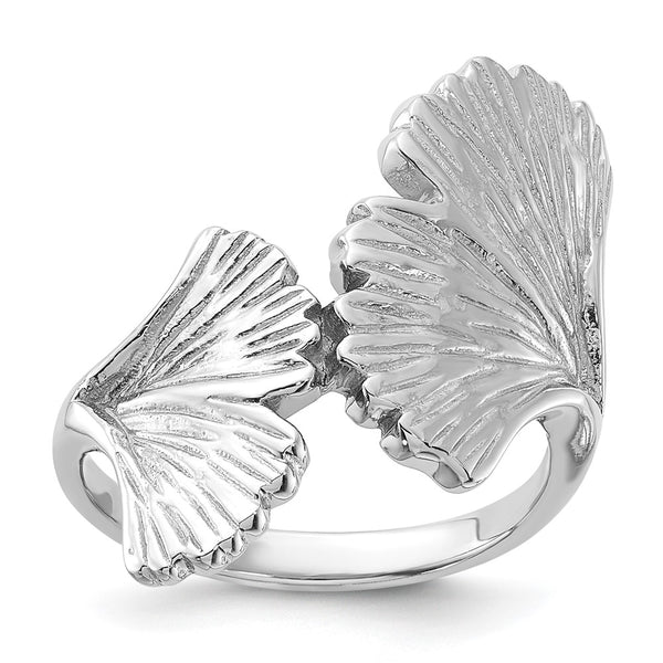 Polished Ginkgo Leaf Ring - Rhodium-Plated Sterling Silver