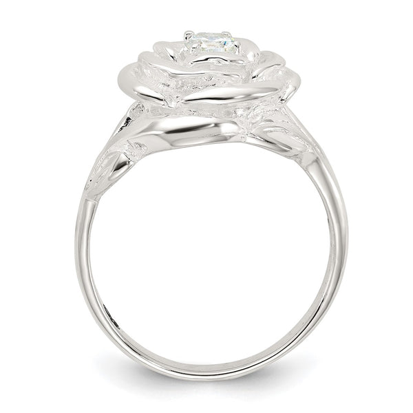 Polished Sterling Silver CZ Floral Rose Ring