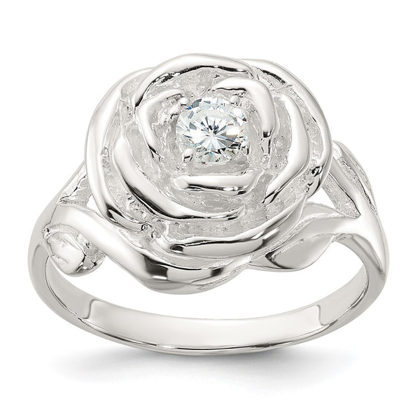 Polished Sterling Silver CZ Floral Rose Ring