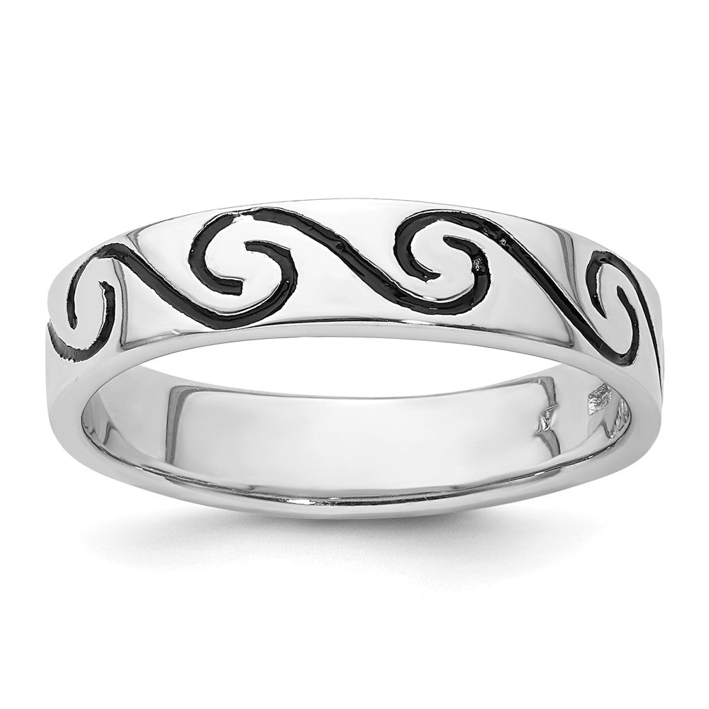 Exclusive Antiqued Wave Design 4.5mm Band Ring in Rhodium-Plated Silver