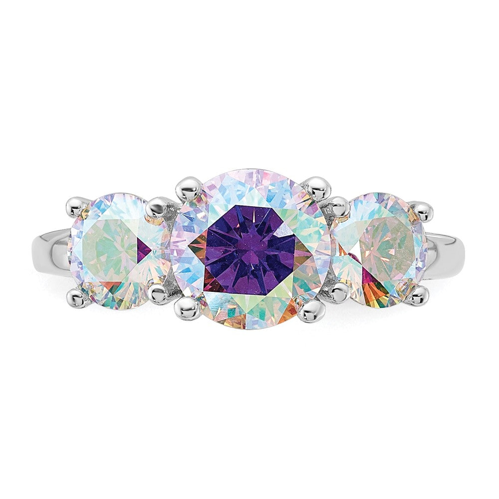 Exclusive Rhodium-Plated Sterling Silver Iridescent CZ Triple Stone Ring - Stylish Value
