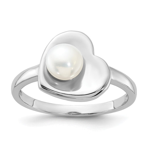 Rhodium-Plated Sterling Silver Heart Ring with 5-6mm Pearls