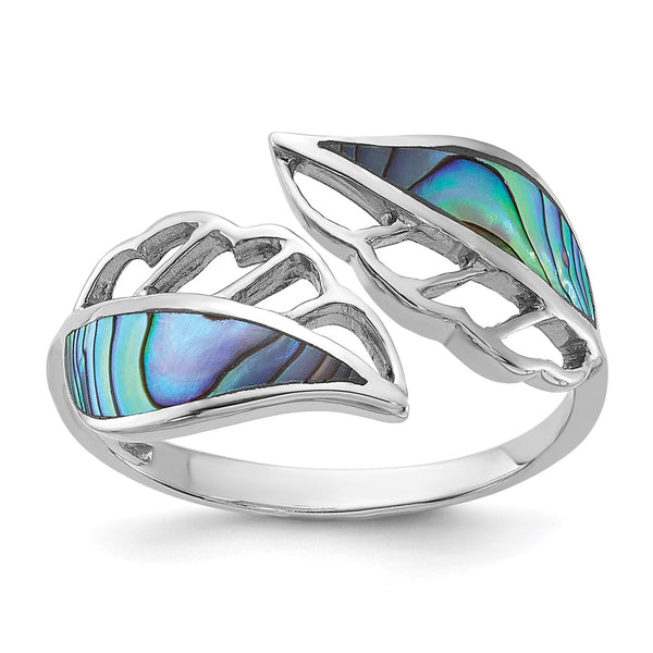 Polished Abalone Bypass Leaf Ring in Rhodium-Plated Sterling Silver
