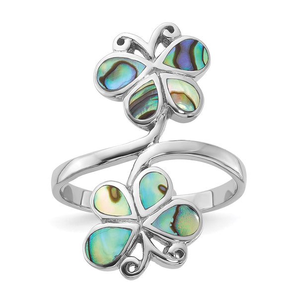 Polished Abalone Double Butterfly Ring in Rhodium-Plated Silver