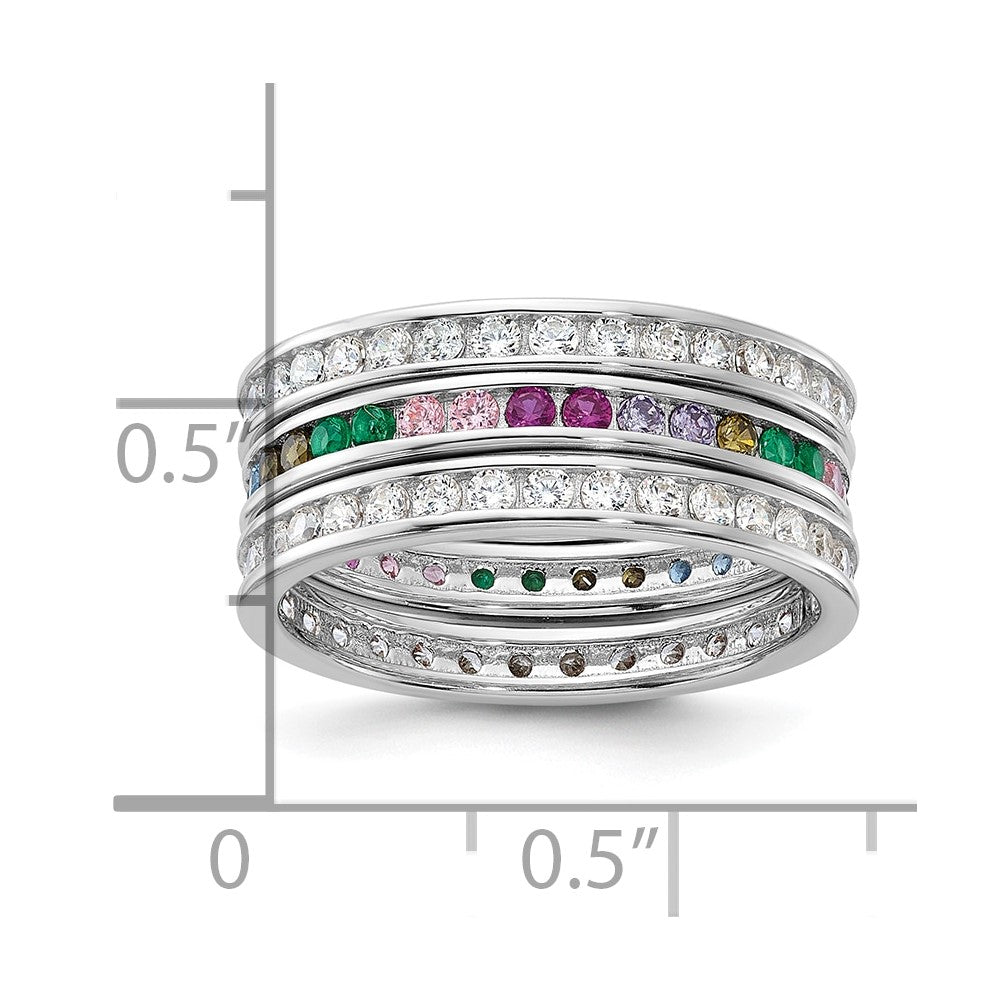 Designer Rhodium-Plated Sterling Silver Triple Band Set with Multi-Color CZ