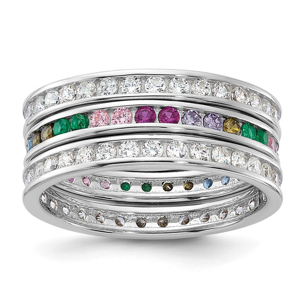 Rhodium-Plated Sterling Silver Triple Band Set with Multi-Color CZ
