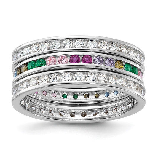 Exclusive Rhodium-Plated Sterling Silver Multi-Color CZ Triple Band Set - Stylish Value!