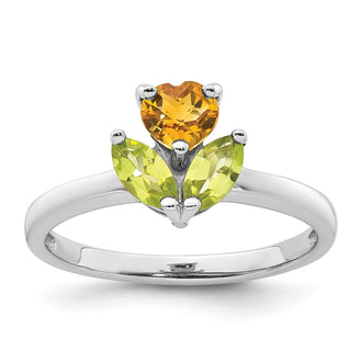 Exclusive Rhodium-Plated Sterling Silver Heart Ring with Citrine & Peridot - Affordable Luxury!