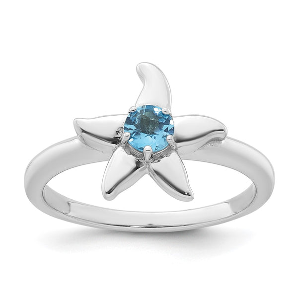 Polished Round Swiss Blue Topaz Starfish Ring - Rhodium-Plated Silver