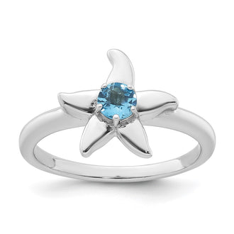 Exclusive Polished Round Swiss Blue Topaz Starfish Ring | Stylish Rhodium-Plated Silver