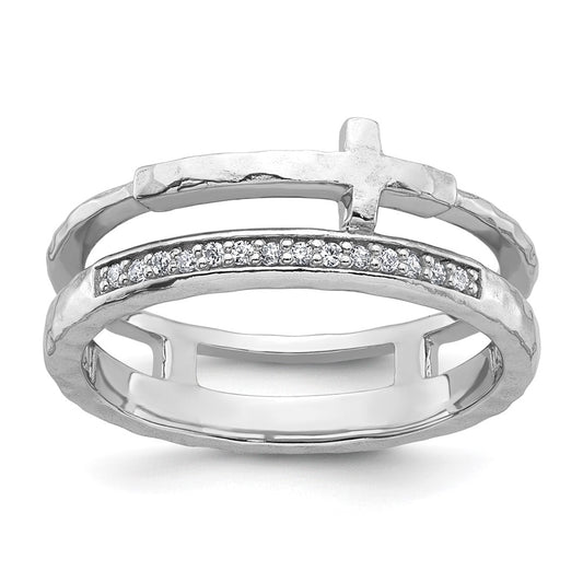 Exclusive Polished Sterling Silver Double Band Ring - Stylish CZ & Cross, Size 7
