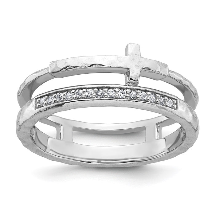 Shop Stylish Sterling Silver Double Band Ring, 8 Size, CZ & Hammered Cross-1