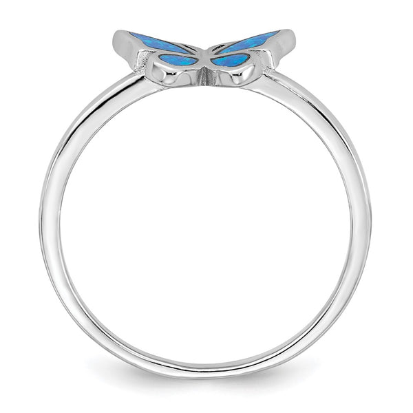 Polished Blue Lab-Created Opal Butterfly Ring Rhodium-Plated Silver