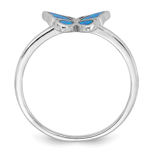 High-Quality Polished Blue Opal Butterfly Ring - Stylish Rhodium-Plated Silver