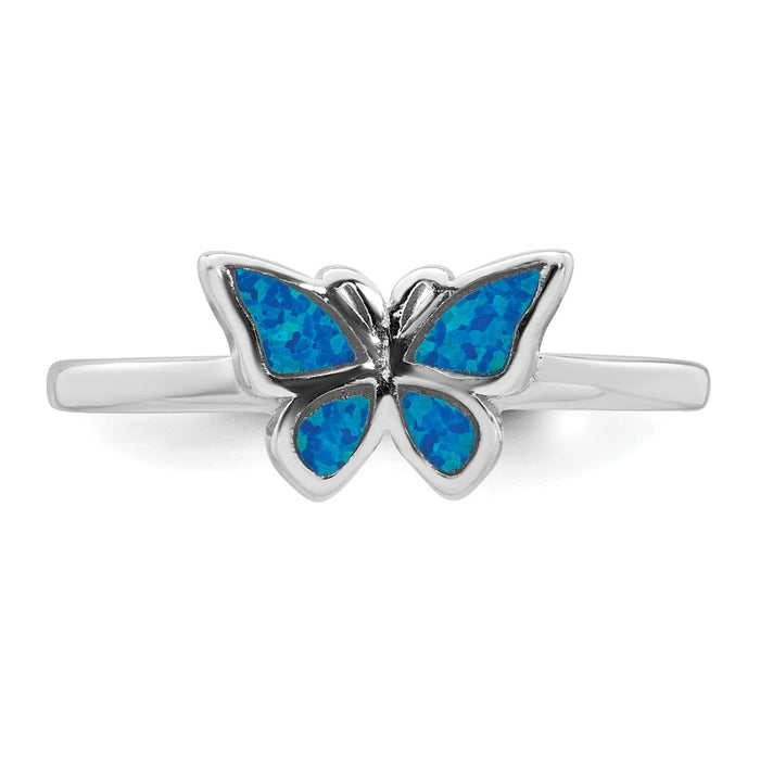 High-Quality Polished Blue Opal Butterfly Ring - Stylish Rhodium-Plated Silver-4