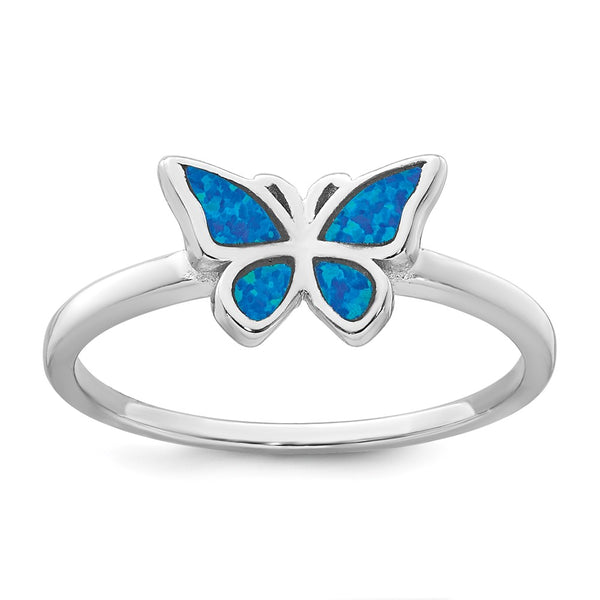 Polished Blue Lab-Created Opal Butterfly Ring Rhodium-Plated Silver