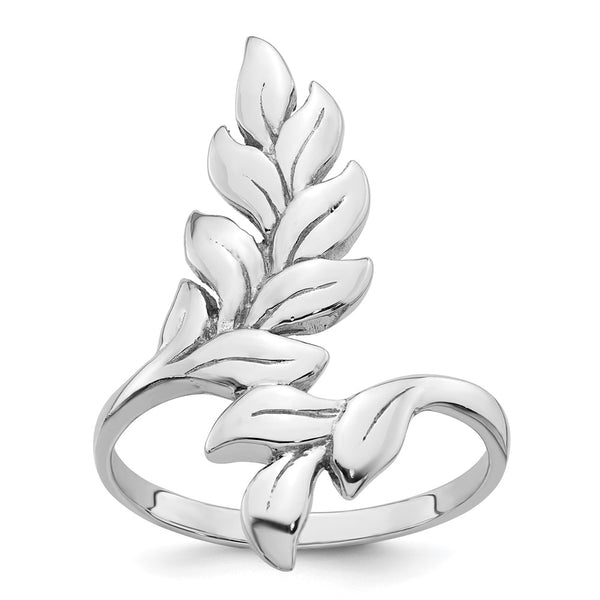 Polished Leaf Design Ring Rhodium-Plated Silver