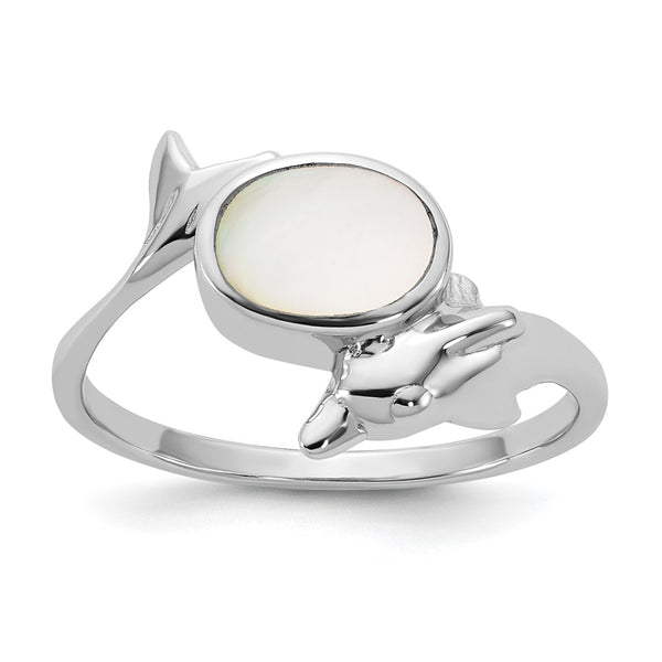 Polished Oval Mother of Pearl Dolphin Ring - Sterling Silver