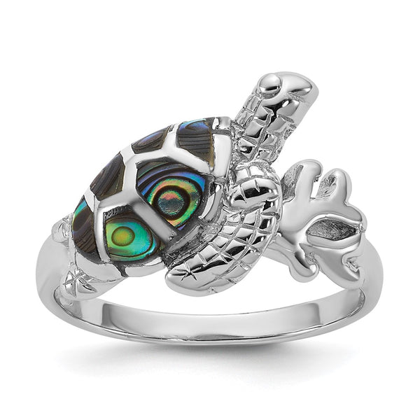 Polished Abalone Sea Turtle Ring - 14K Rhodium-Plated