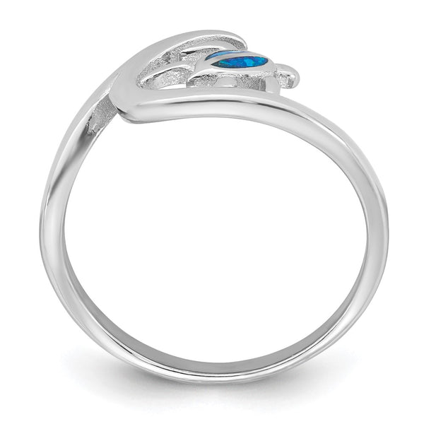 Polished Blue Lab-Created Opal Turtle Ring in Rhodium-Plated Silver