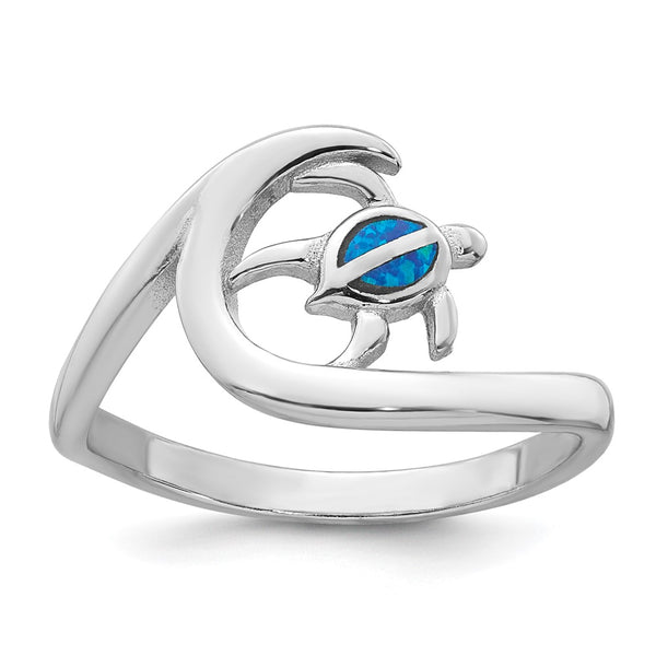 Polished Blue Lab-Created Opal Turtle Ring in Rhodium-Plated Silver